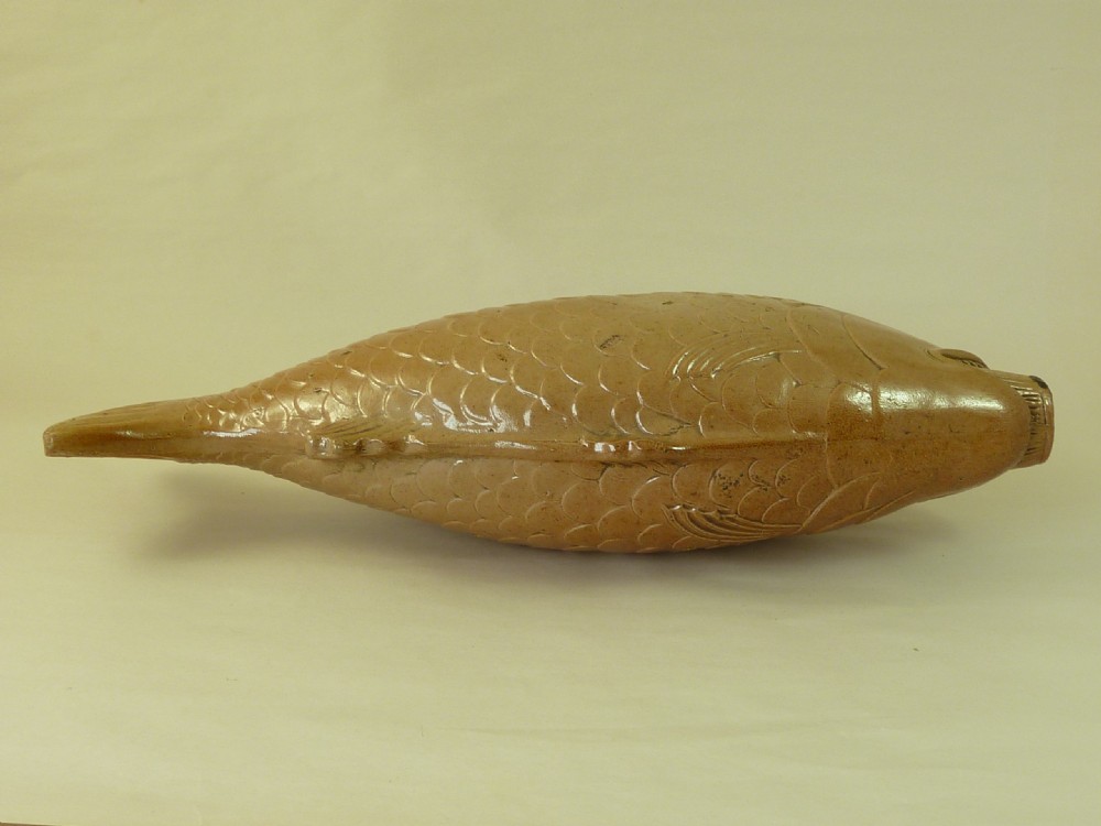 Large English Saltglaze Stoneware Pottery Fish Spirit Flask View IV