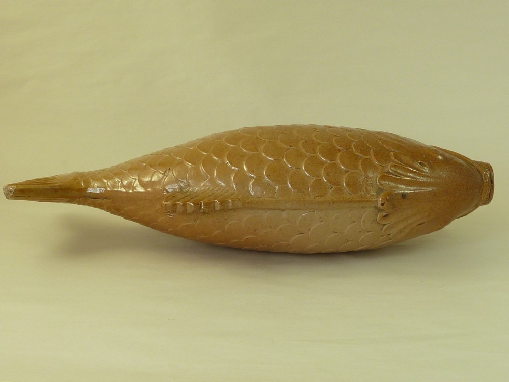 Large English Saltglaze Stoneware Pottery Fish Spirit Flask View V