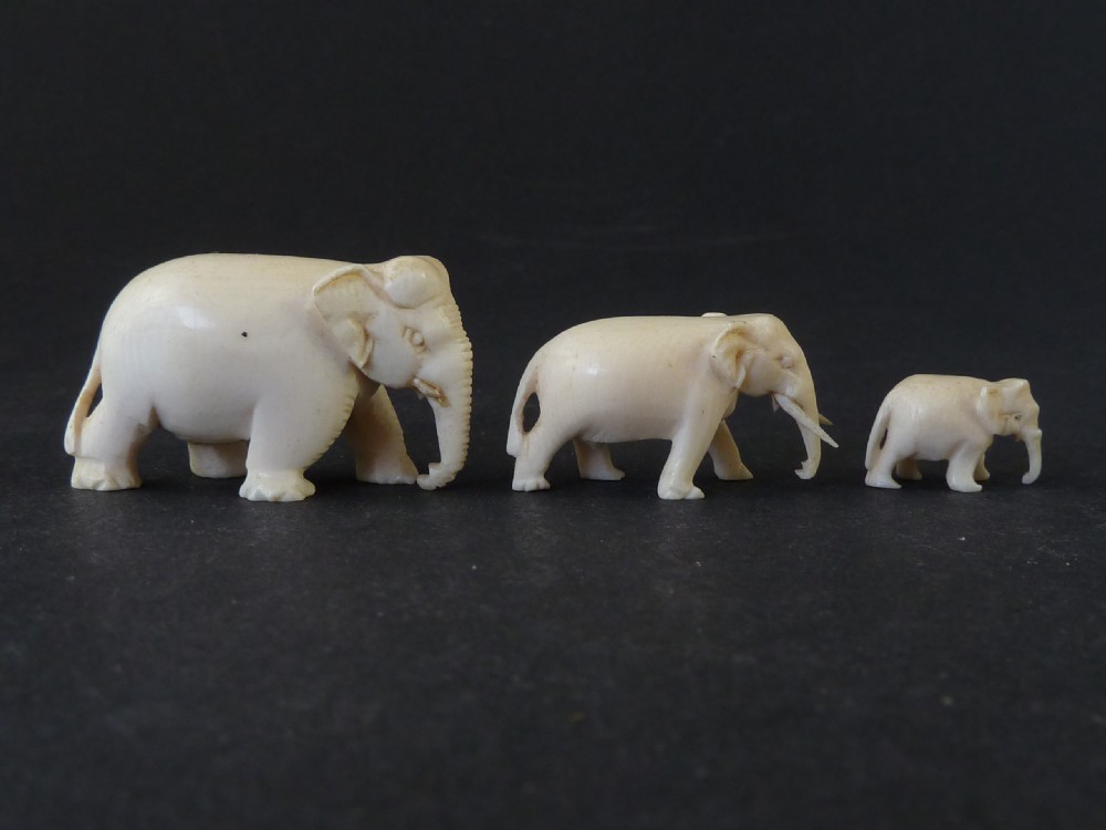 Three Anglo Indian Carved Ivory Elephants Miniature Victorian View II