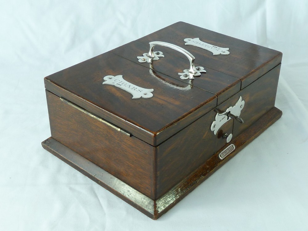 Edwardian Silver Mounted Cedar Lined Oak Box Cigarette Cigar Vesta Matches Humidor View III