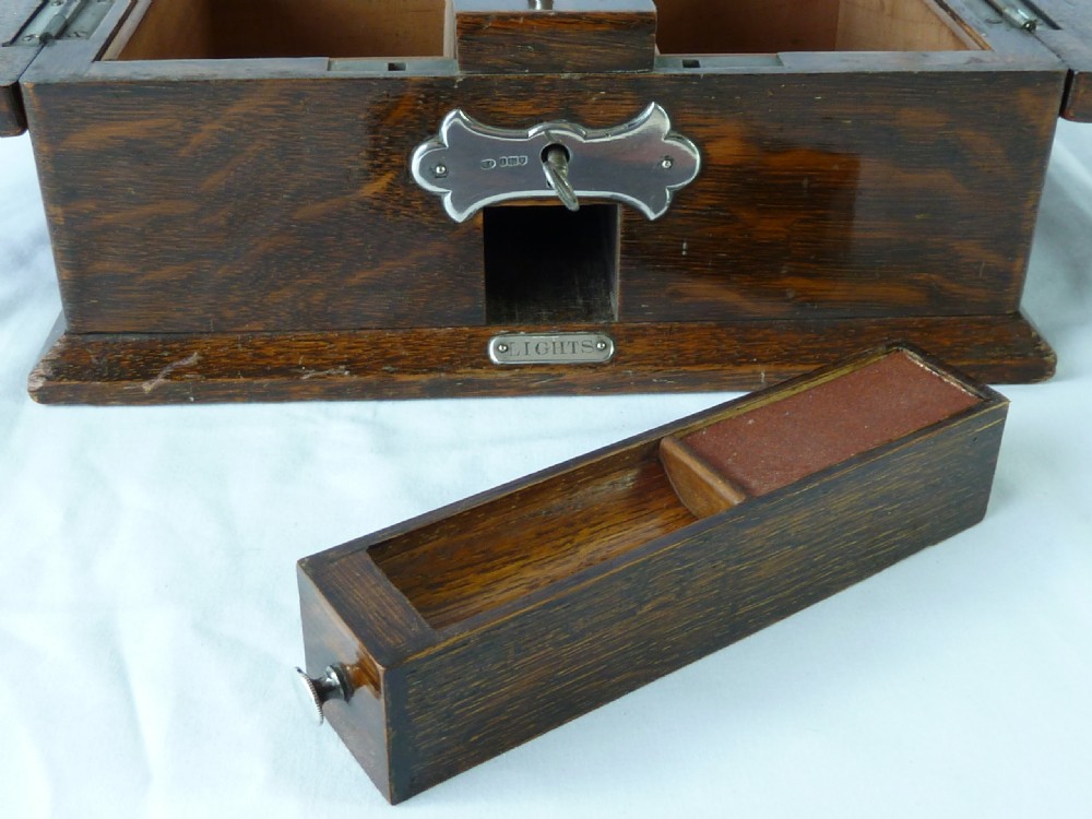 Edwardian Silver Mounted Cedar Lined Oak Box Cigarette Cigar Vesta Matches Humidor View V