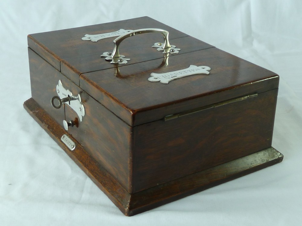 Edwardian Silver Mounted Cedar Lined Oak Box Cigarette Cigar Vesta Matches Humidor View VIII