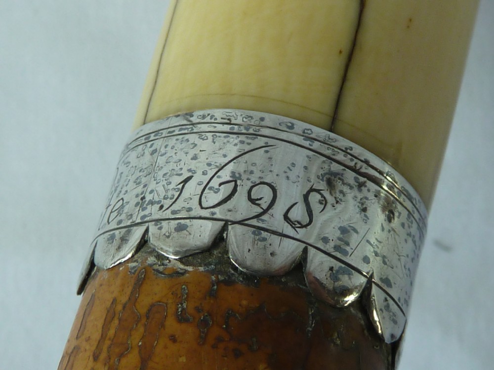 1698 Turned Ivory Malacca Walking Stick English Cane Silver Dated Peter Pilote View VII