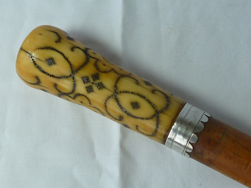 17th Century Turned Ivory Pique Malacca Walking Stick English Cane Silver View III