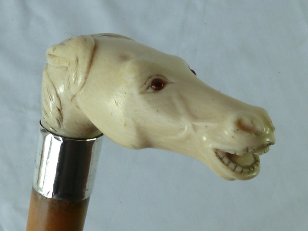 Carved Ivory Horse Head Malacca Walking Stick Novelty Cane 