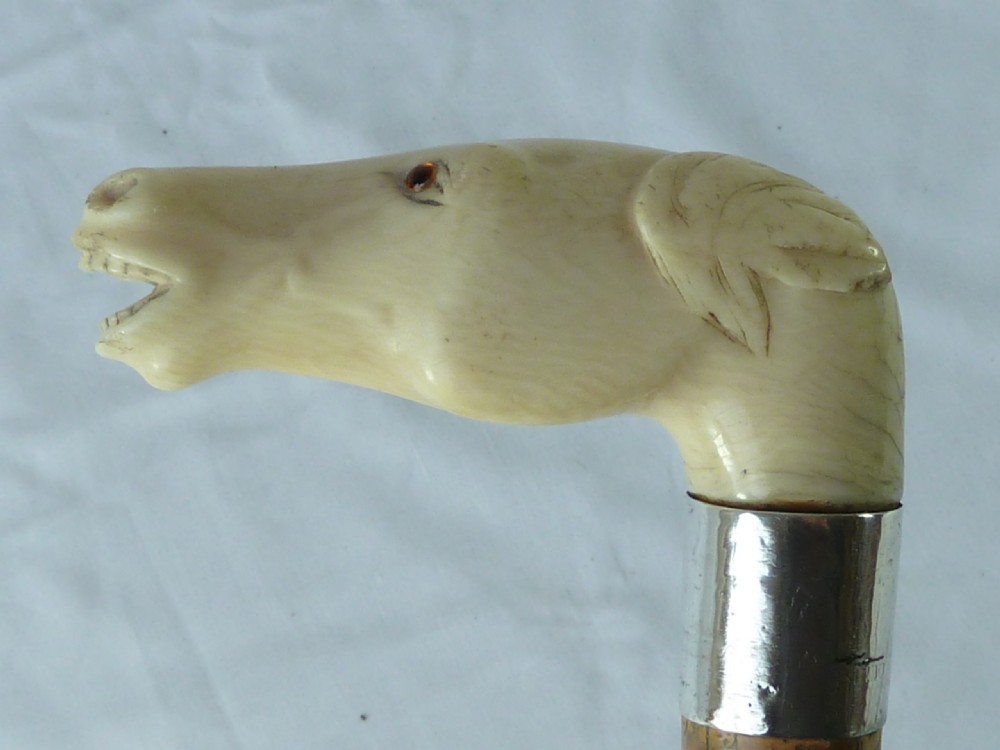 Carved Ivory Horse Head Malacca Walking Stick Novelty Cane  View II