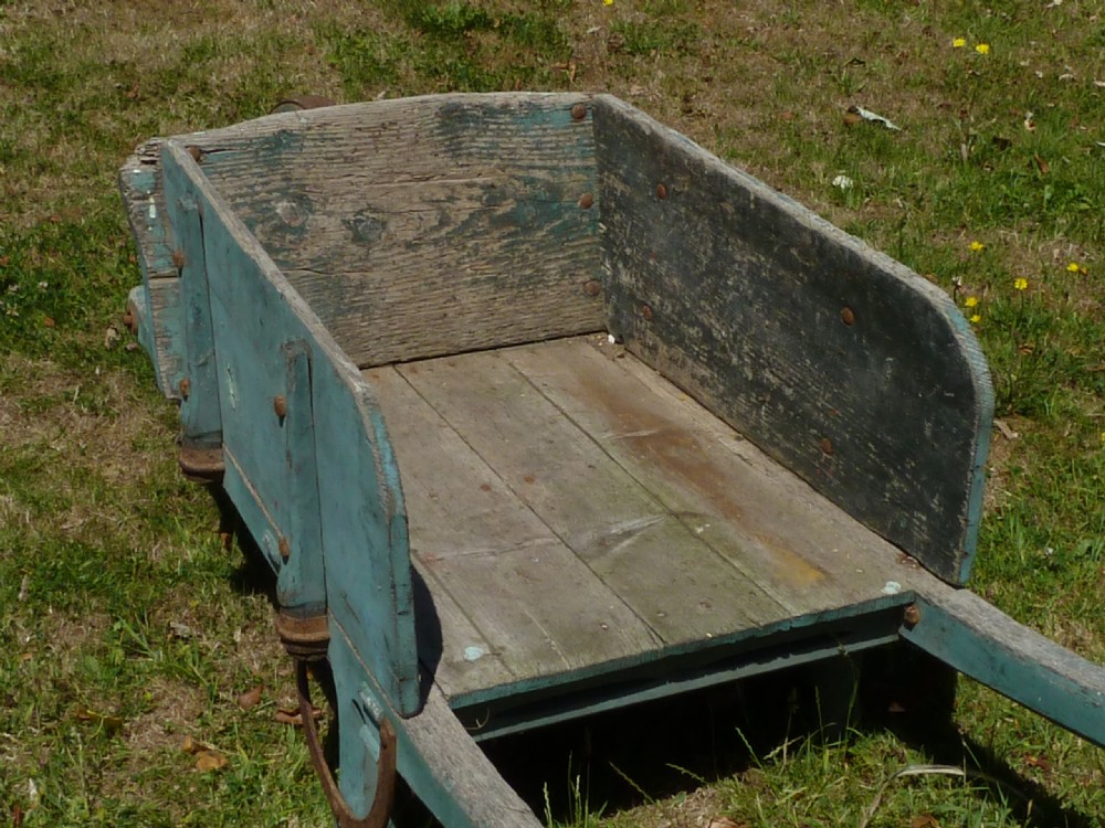 Victorian Painted Wooden Wheel Barrow Green Original View V