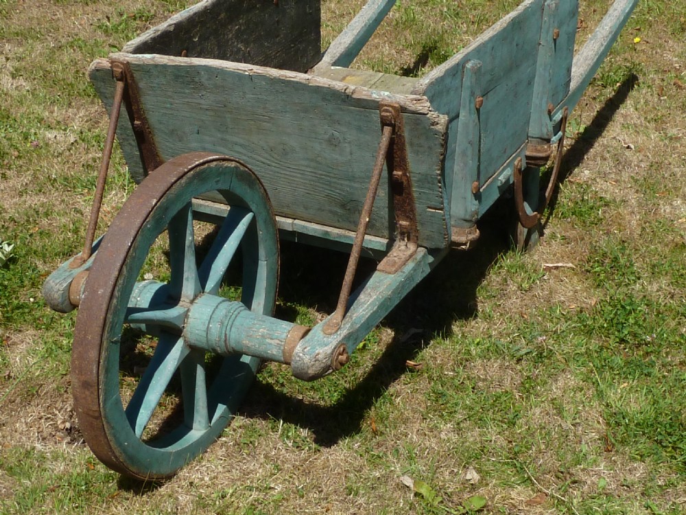 Victorian Painted Wooden Wheel Barrow Green Original View VI