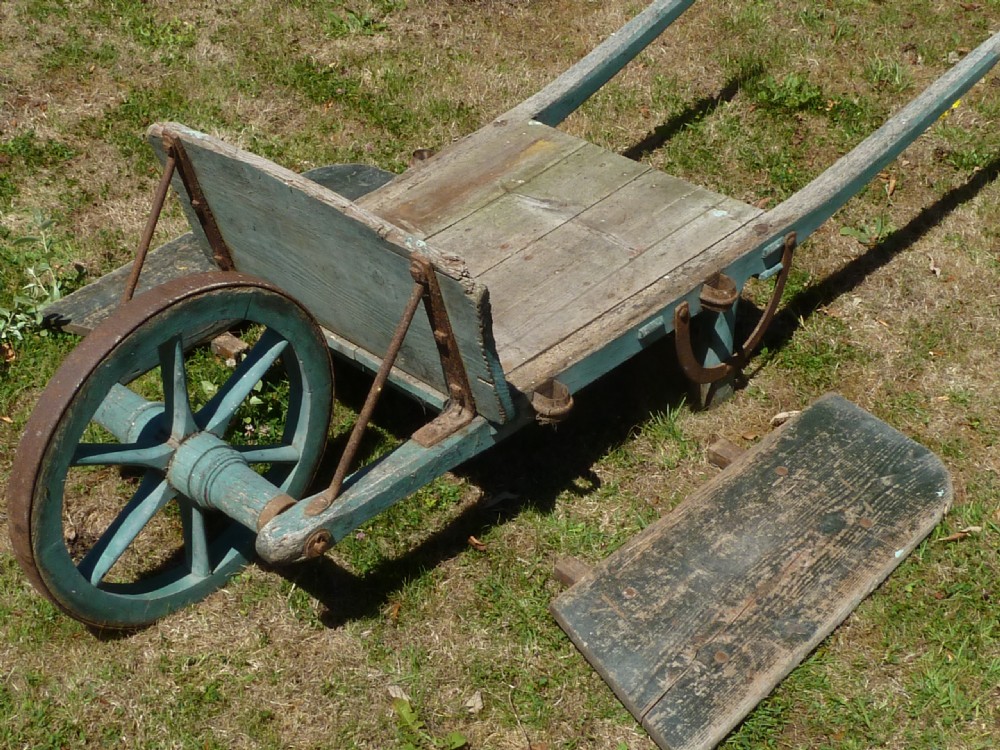 Victorian Painted Wooden Wheel Barrow Green Original View VII