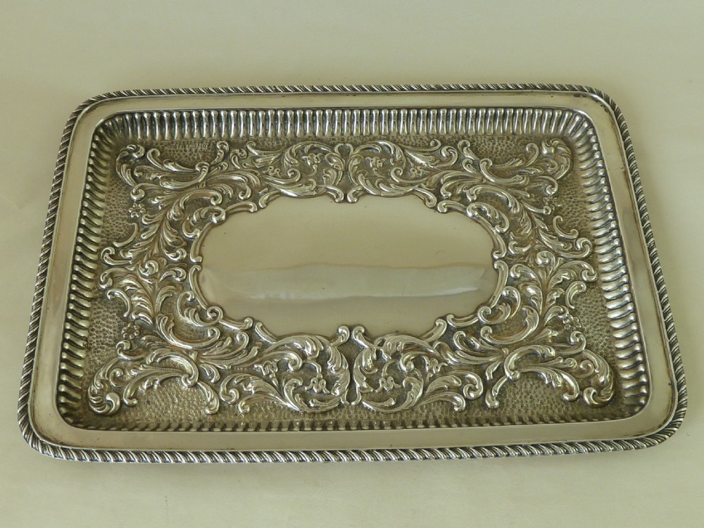 1901 Hallmarked Sterling Silver Tray Scroll Leaf Gadrooned Edge Antique View V
