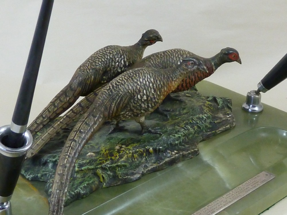 Austrian Cold Painted Bronze Pheasants Desk Pen Tray 1935 View III