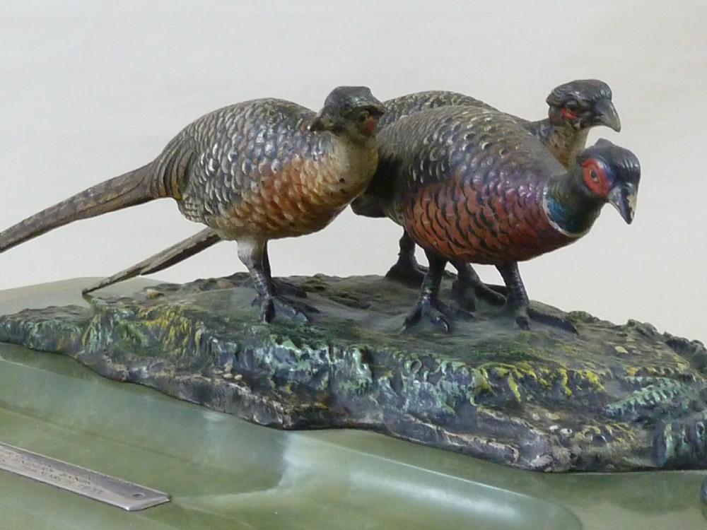 Austrian Cold Painted Bronze Pheasants Desk Pen Tray 1935 View V