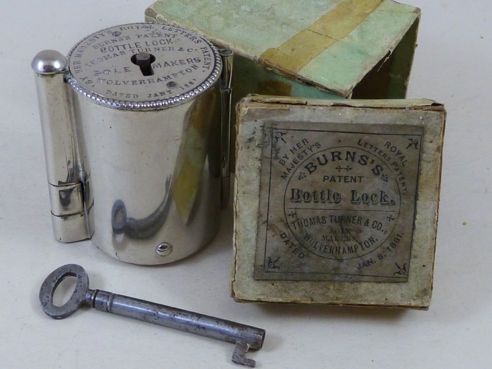 Boxed Burns's Patent Bottle Lock & Key Working Nickel Brass Victorian