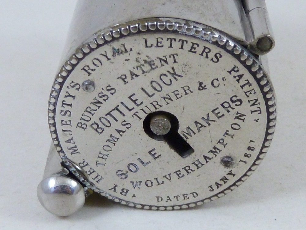 Boxed Burns's Patent Bottle Lock & Key Working Nickel Brass Victorian View II