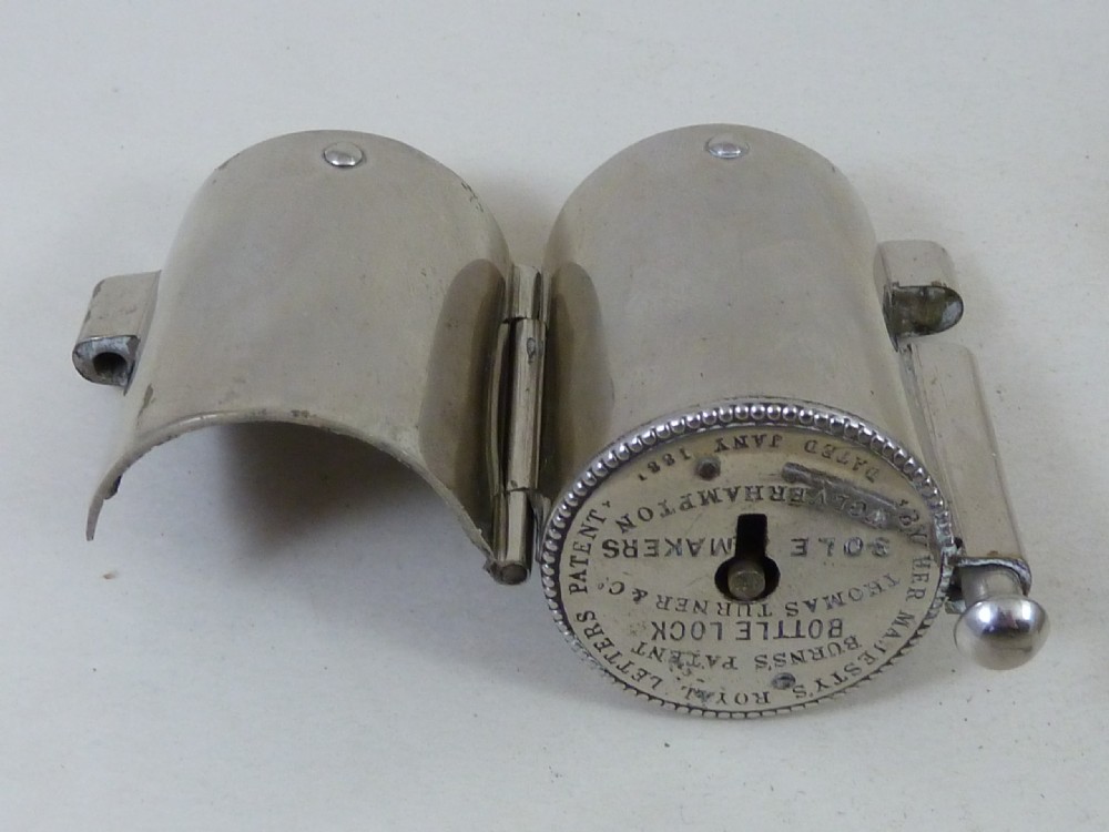 Boxed Burns's Patent Bottle Lock & Key Working Nickel Brass Victorian View V