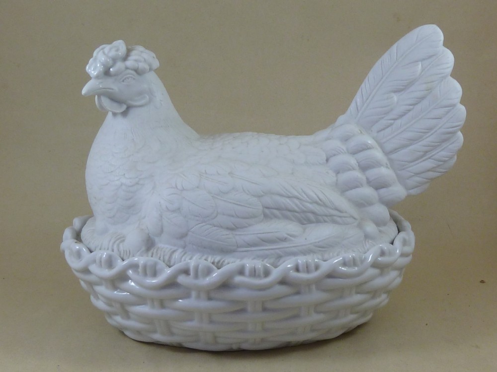 Large Hen On Nest Tureen Staffordshire Porcelain Parian Egg Basket Victorian