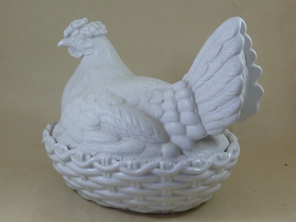 Large Hen On Nest Tureen Staffordshire Porcelain Parian Egg Basket Victorian View II