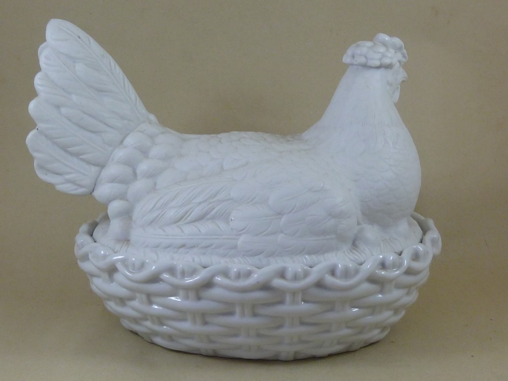 Large Hen On Nest Tureen Staffordshire Porcelain Parian Egg Basket Victorian View III