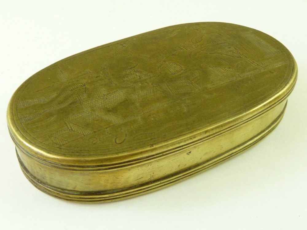 18C Dutch Brass Tobacco Box Marriage Sailor Drink Antique View III