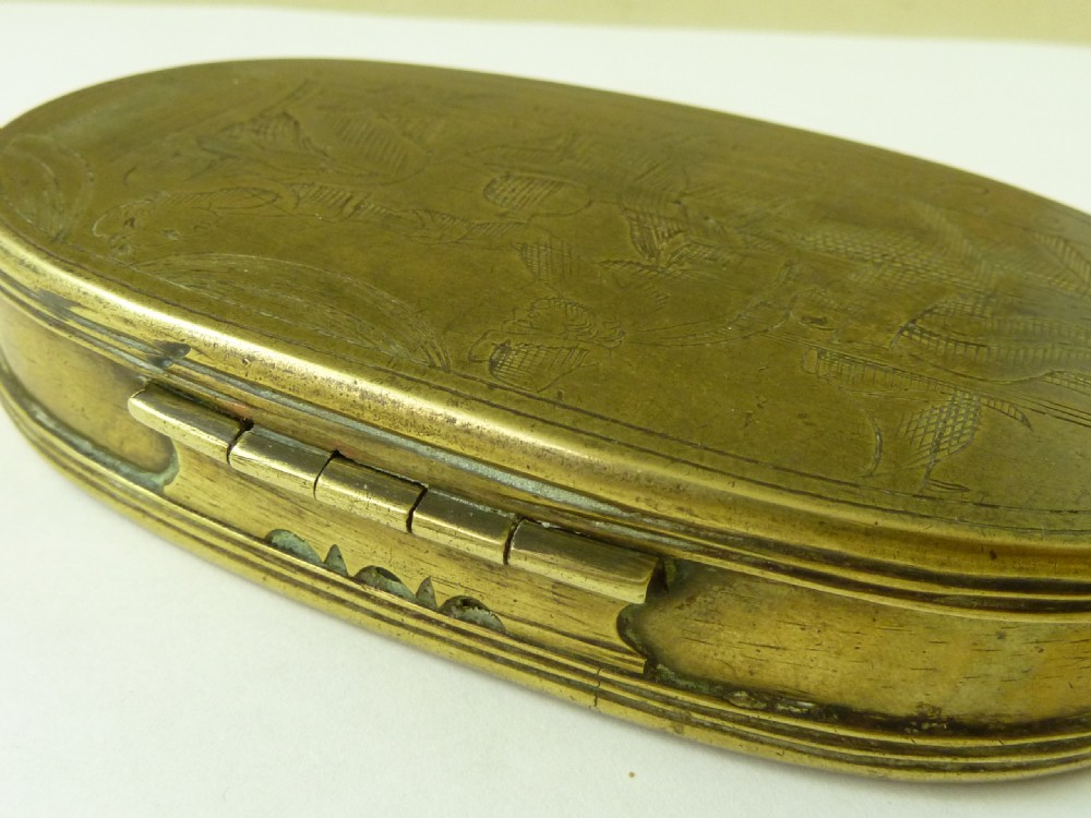 18C Dutch Brass Tobacco Box Marriage Sailor Drink Antique View IV