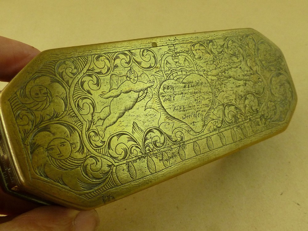 18C Dutch Brass Tobacco Box Gives Spirit & Life Antique