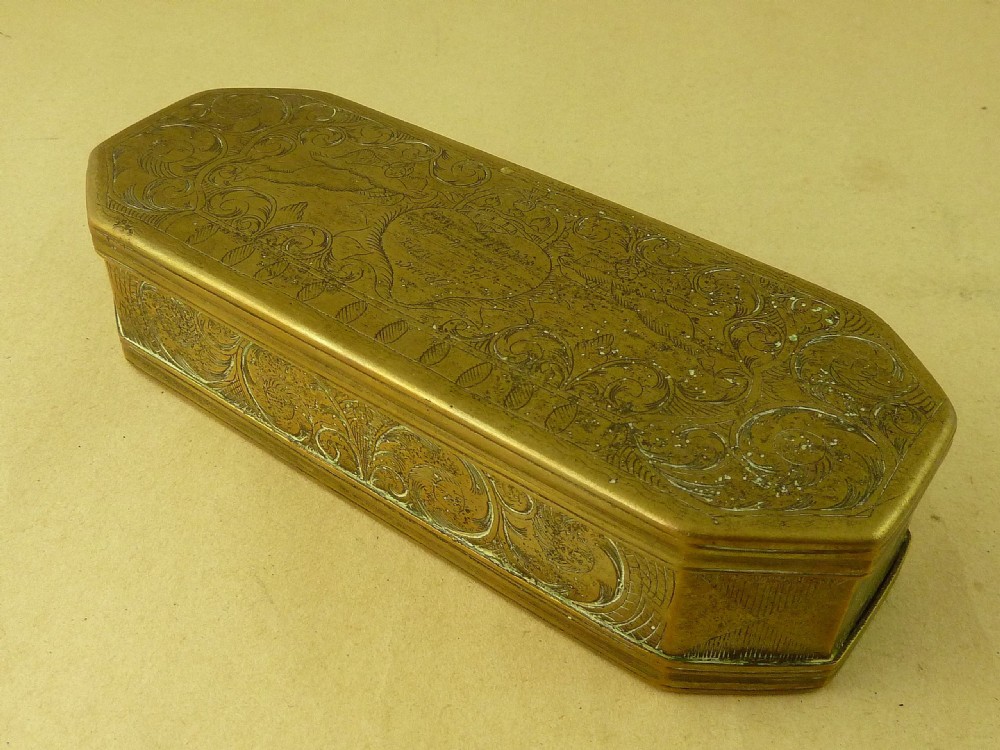 18C Dutch Brass Tobacco Box Gives Spirit & Life Antique View II