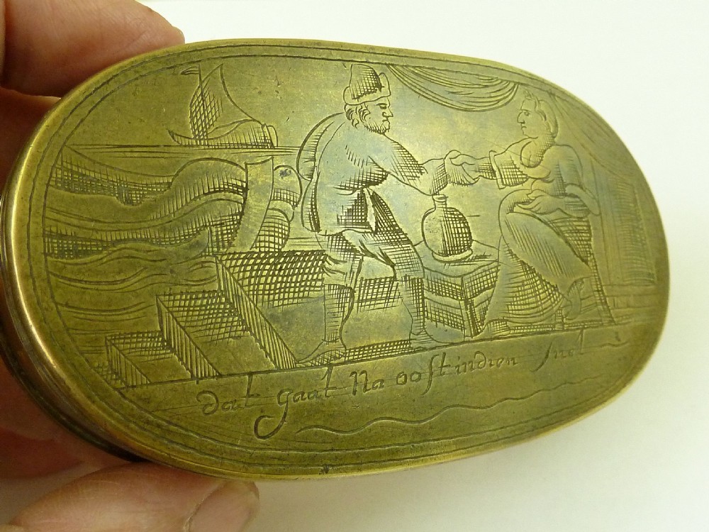 18C Dutch Brass Tobacco Box Marriage Sailor Drink Antique View VI