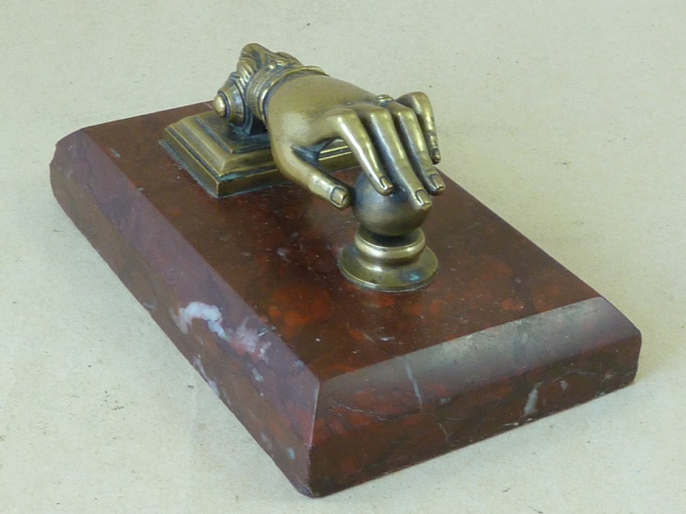 English Brass Hand Door Knocker Paperweight Marble 