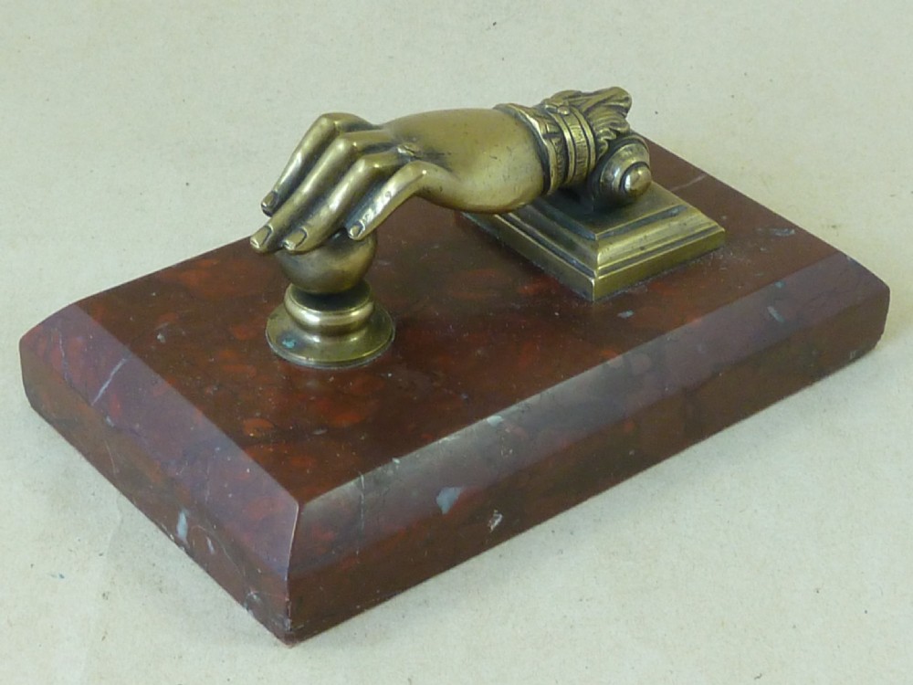 English Brass Hand Door Knocker Paperweight Marble  View II