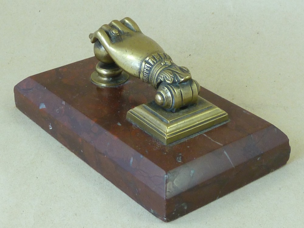 English Brass Hand Door Knocker Paperweight Marble  View III