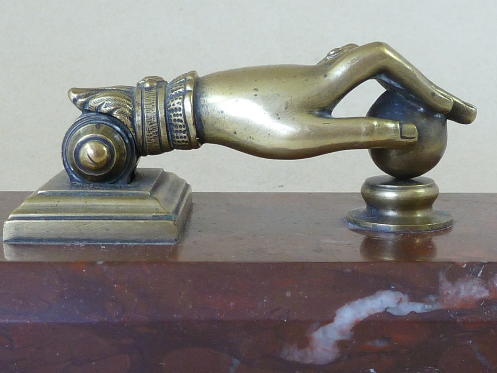 English Brass Hand Door Knocker Paperweight Marble  View IV