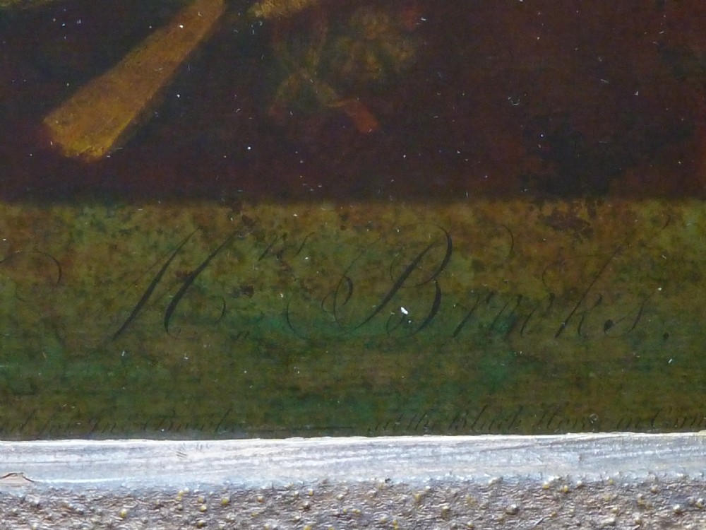 A framed 18th-century reverse glass print depicting a portrait of a seated lady wearing a green cloak and cap next to a desk with a quill. View III