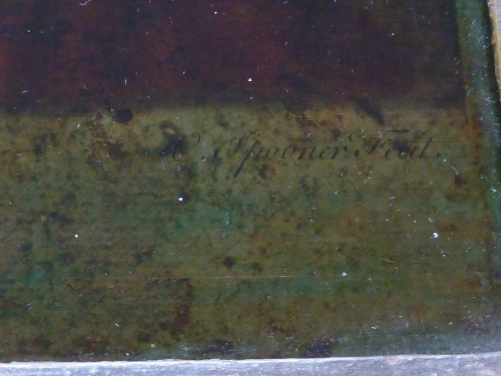 A framed 18th-century reverse glass print depicting a portrait of a seated lady wearing a green cloak and cap next to a desk with a quill. View V