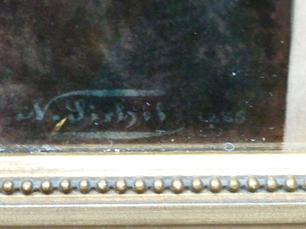 A framed Victorian chrystoleum reverse glass print depicting a figure in Egyptian Revival attire holding a musical instrument inside a gilded wooden frame. View IV
