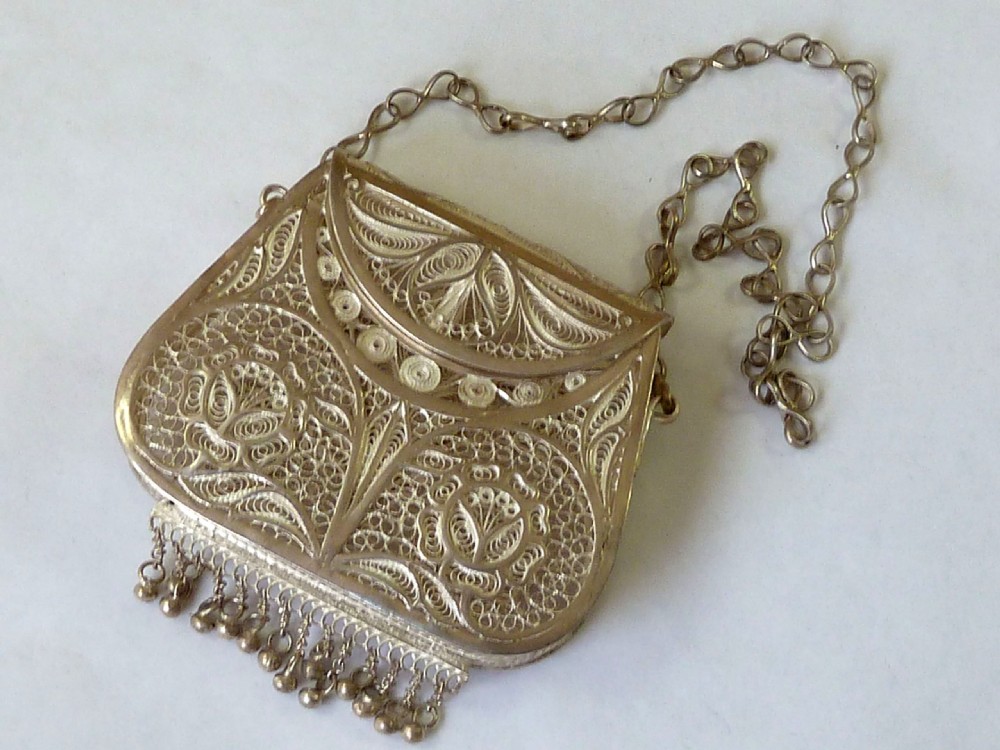 Silver Filigree Purse Bag Sterling Chain Victorian