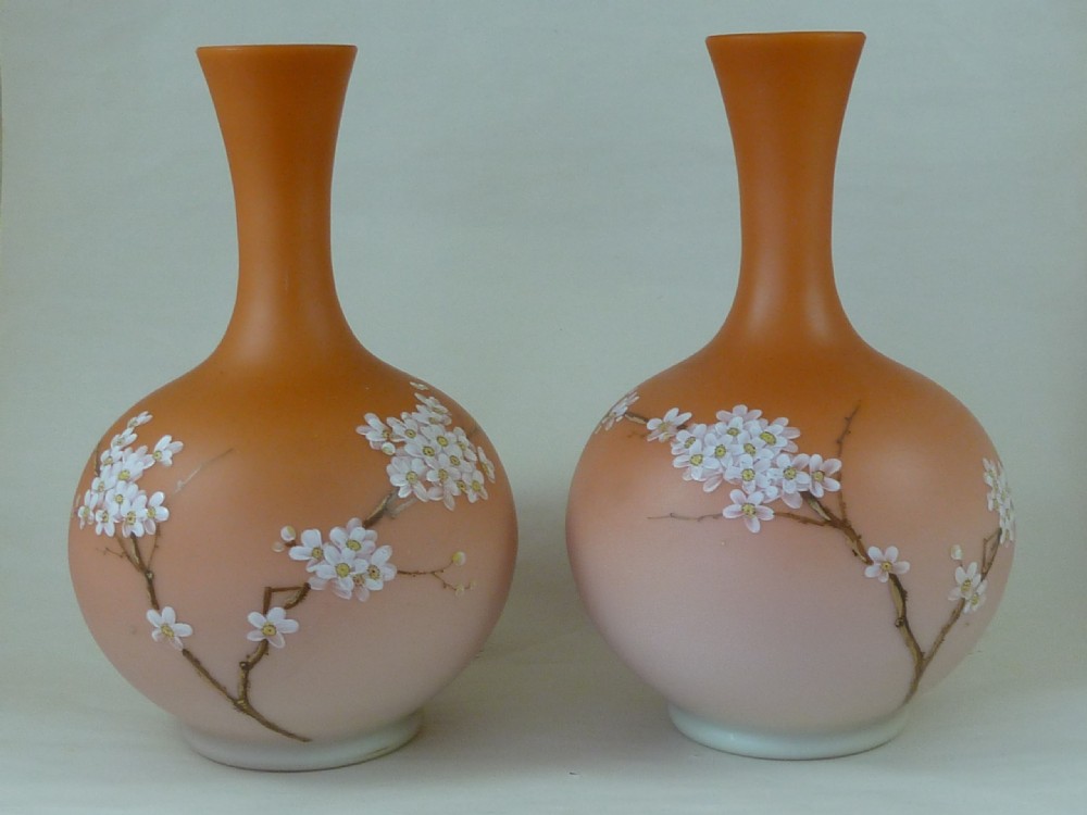 Pair Victorian Satin Overlay Enamel Bohemian Peachblow Overlay