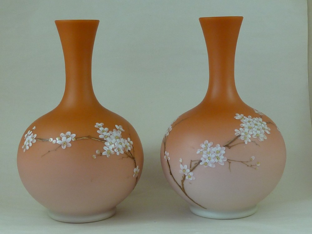Pair Victorian Satin Overlay Enamel Bohemian Peachblow Overlay View II
