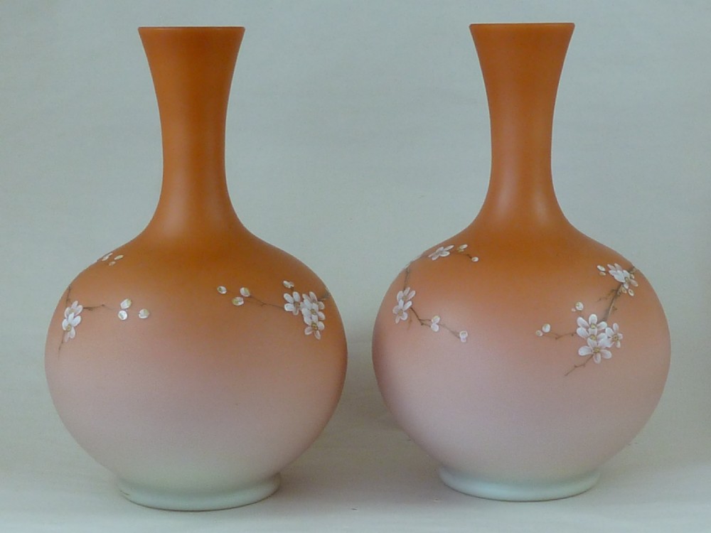 Pair Victorian Satin Overlay Enamel Bohemian Peachblow Overlay View III