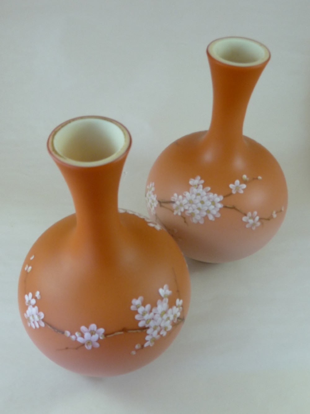 Pair Victorian Satin Overlay Enamel Bohemian Peachblow Overlay View IV