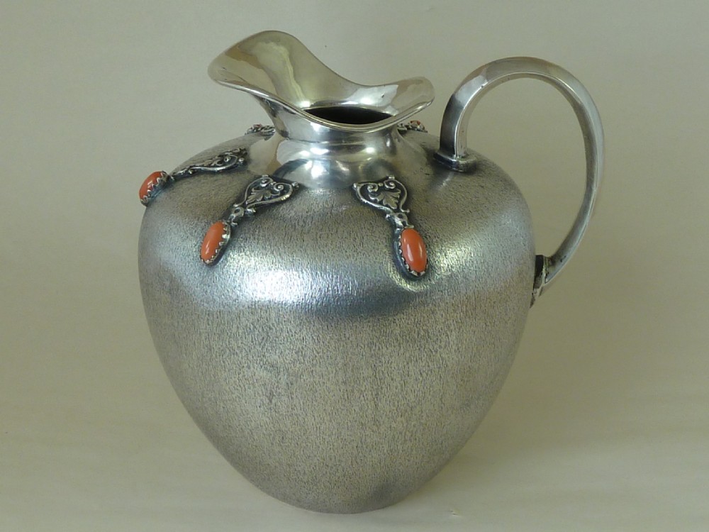 Ewer & Platter 800 Silver Coral Cabochon Italian Wine Jug Plate Renaissance Revival View V