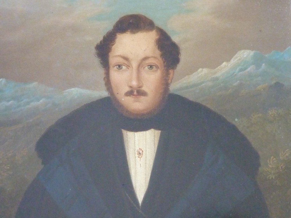 A pair of 19th-century naive portrait paintings on tinplate depicting a man and a woman, framed in heavy carved gilt frames. View VII