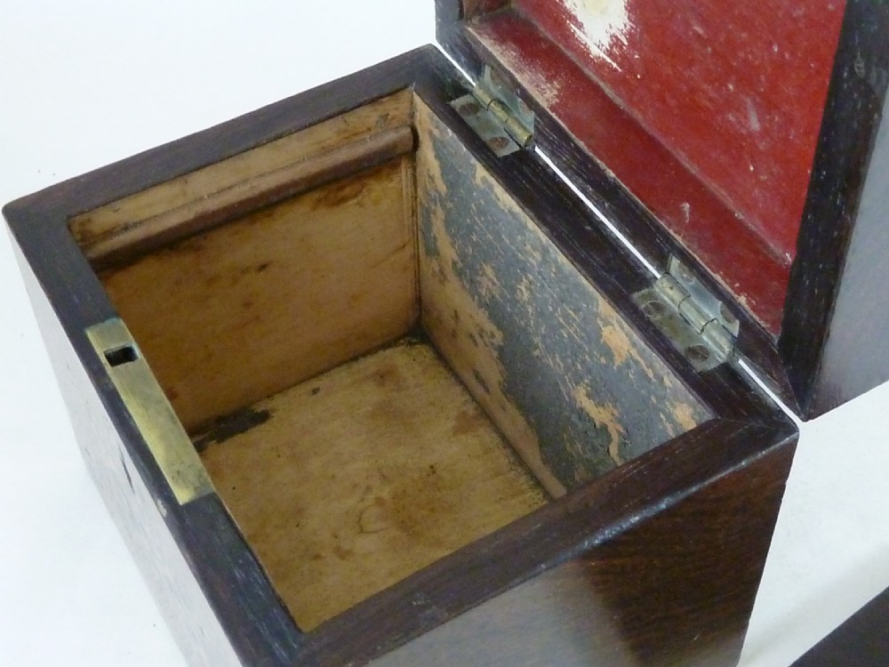 A Victorian rosewood tea caddy featuring intricate geometric wooden mosaic inlay on the lid and front panel. View IX