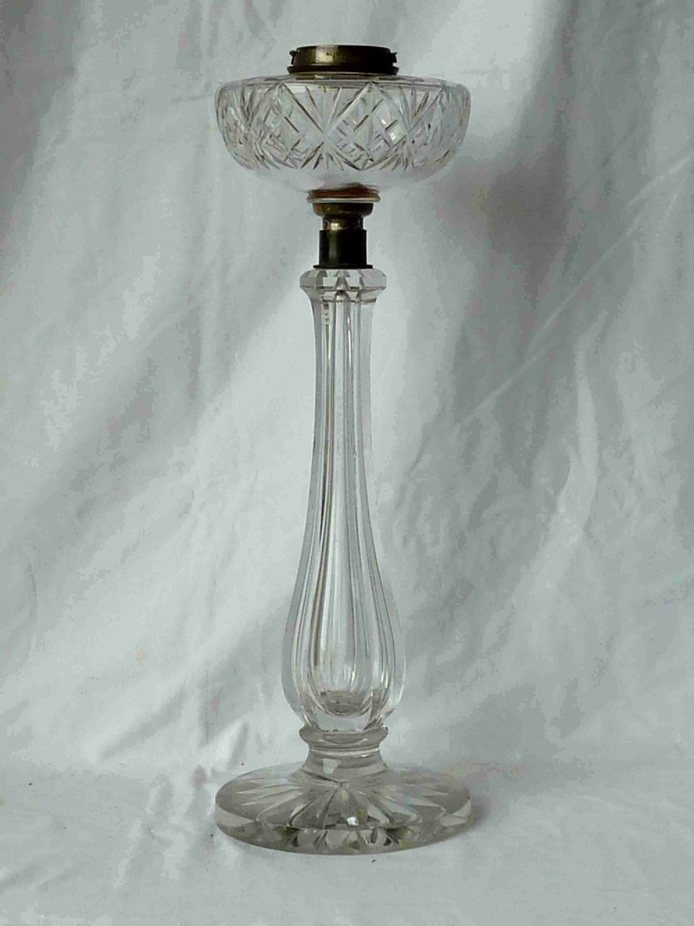English Victorian Cut Crystal Glass Column Table Oil Lamp