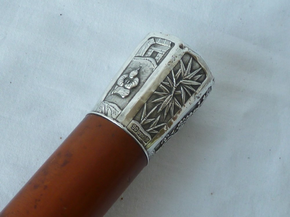 Chinese Export Silver Top Walking Stick Cane Malacca Calligraphy Marked WH90 Wang Hing