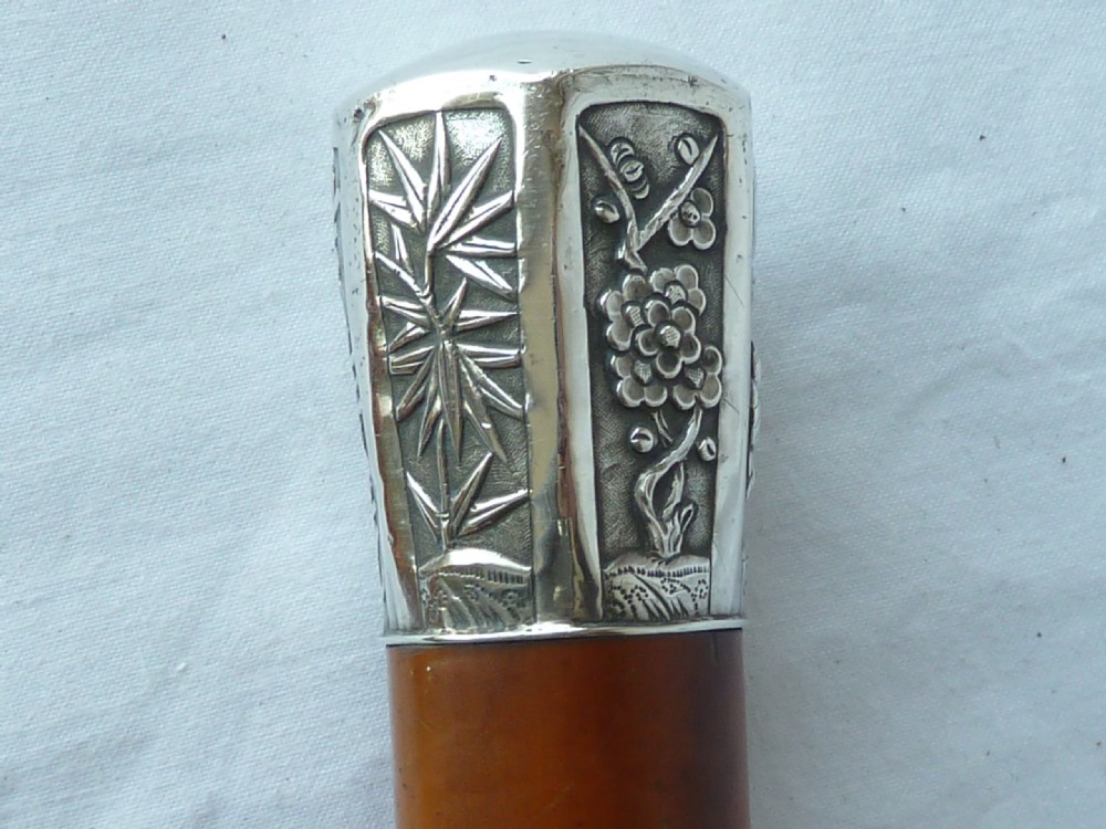 Chinese Export Silver Top Walking Stick Cane Malacca Calligraphy Marked WH90 Wang Hing View V