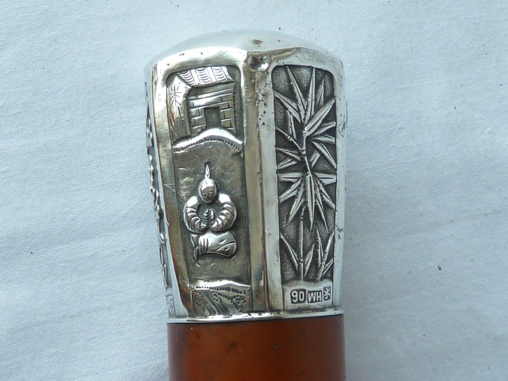 Chinese Export Silver Top Walking Stick Cane Malacca Calligraphy Marked WH90 Wang Hing View VI