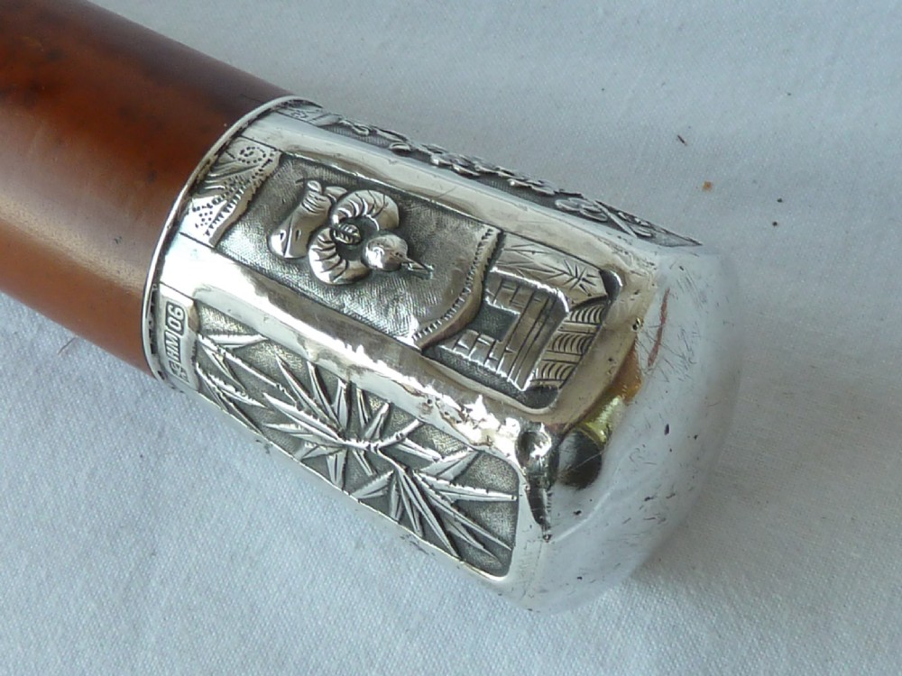 Chinese Export Silver Top Walking Stick Cane Malacca Calligraphy Marked WH90 Wang Hing View VIII