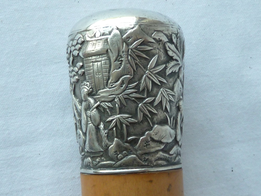 Chinese Export Silver Top Walking Stick Cane Malacca Bth View V