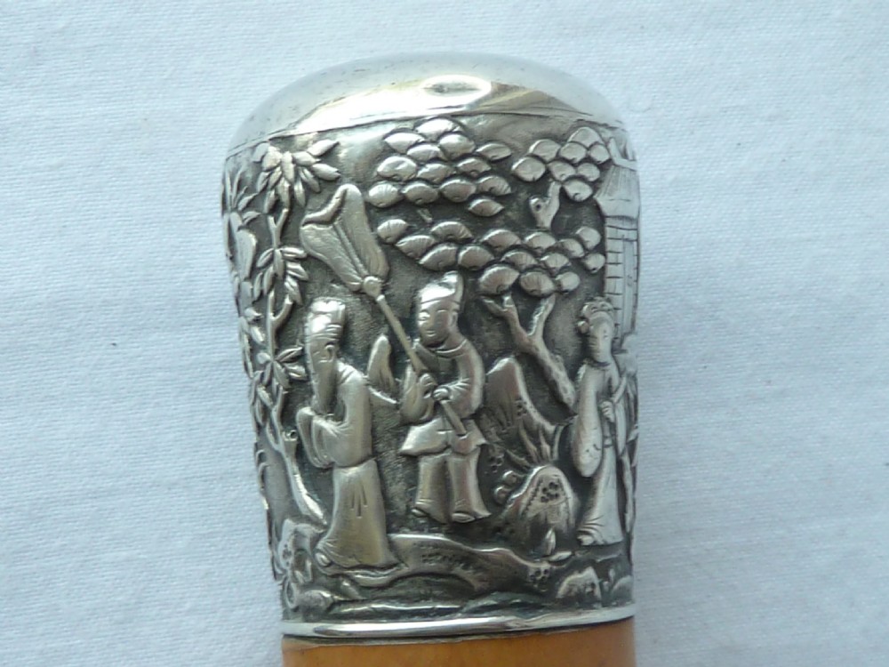 Chinese Export Silver Top Walking Stick Cane Malacca Bth View VI