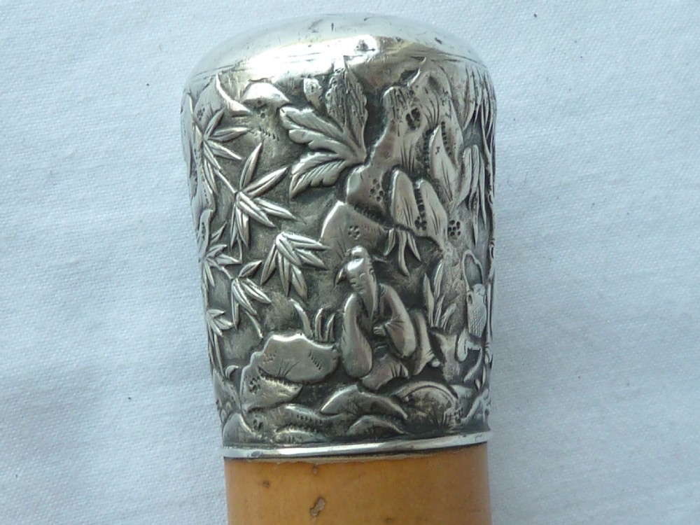 Chinese Export Silver Top Walking Stick Cane Malacca Bth View VIII
